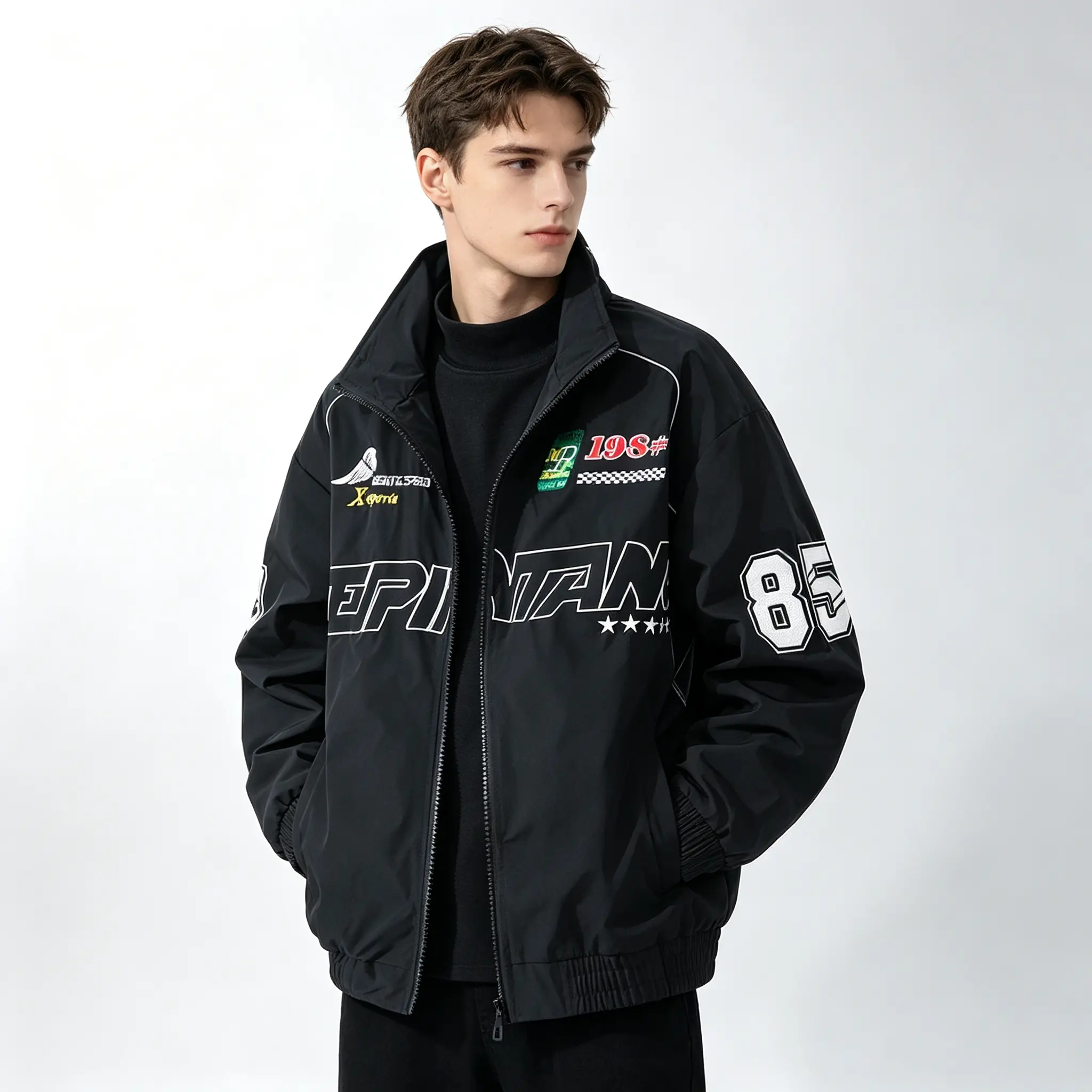Men Vintage Racing Bomber Jacket Y2K Graphic Motorcycle Windbreaker Retro Streetwear Zip Up Coat Hip Hop Oversized Race Car Jacket For Men
