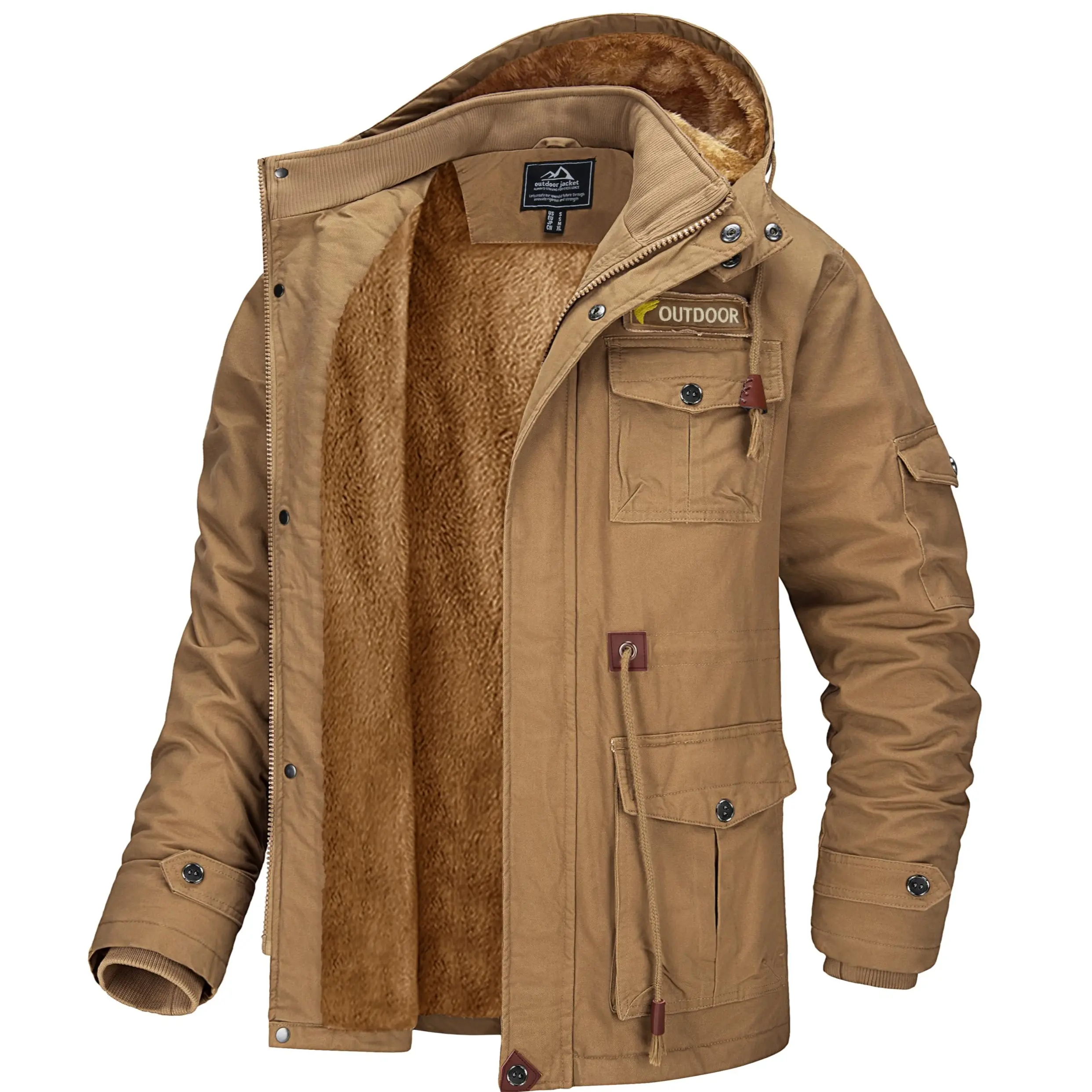 MAGCOMSEN Men's Winter Parka, Fleece Lined Cargo Jacket with Soft Cotton Shell Fabric, Warm Windproof Hooded Coat with Pockets, Casual Fashionable Jacket, Longsleeves, Warm Fleece Jacket