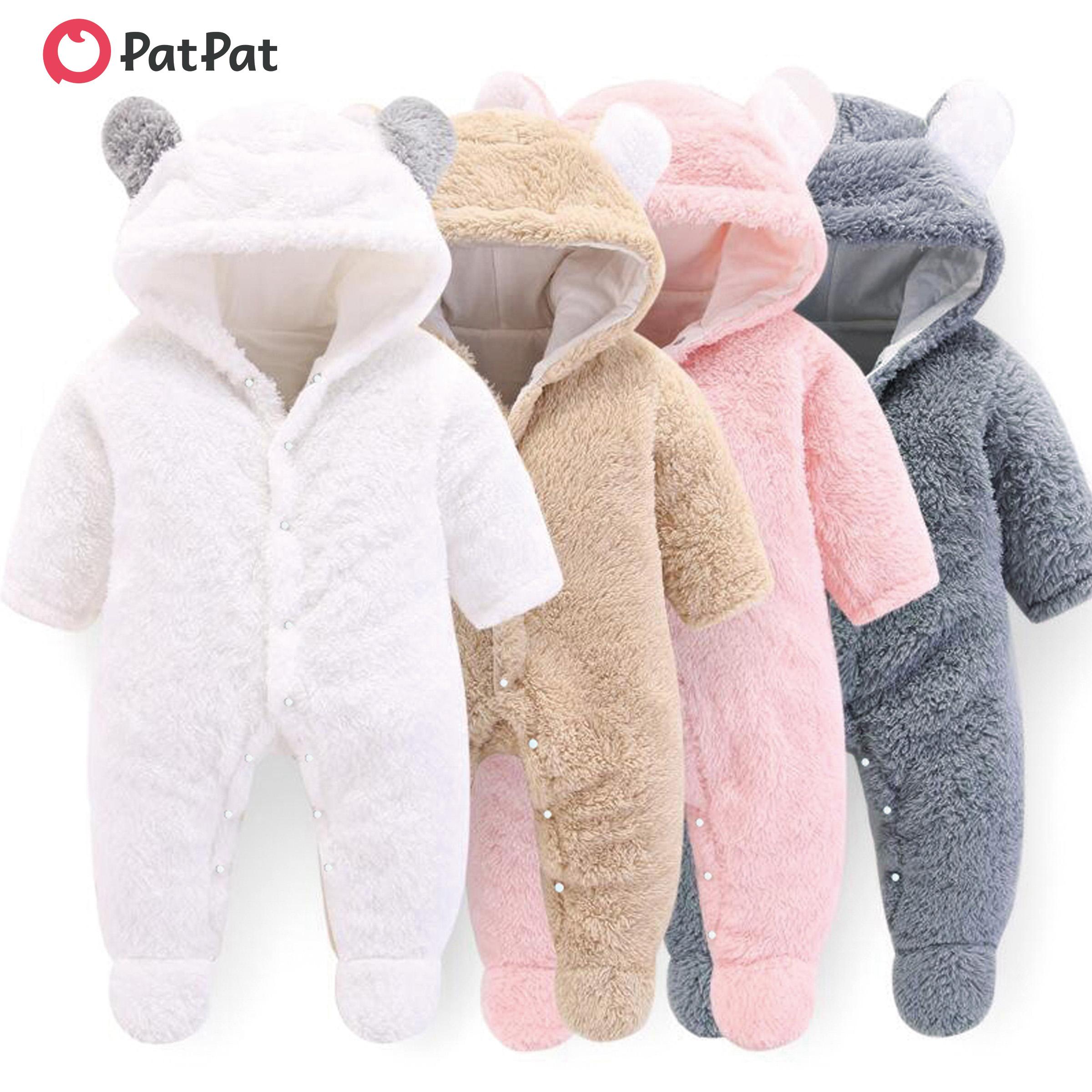 PatPat Baby Boy/Girl Bear Style 3D Ears Hooded Solid Plush Footed Jumpsuit: Soft & Cute for Winter, All-day Snuggle, Keeping Warm & Stylish