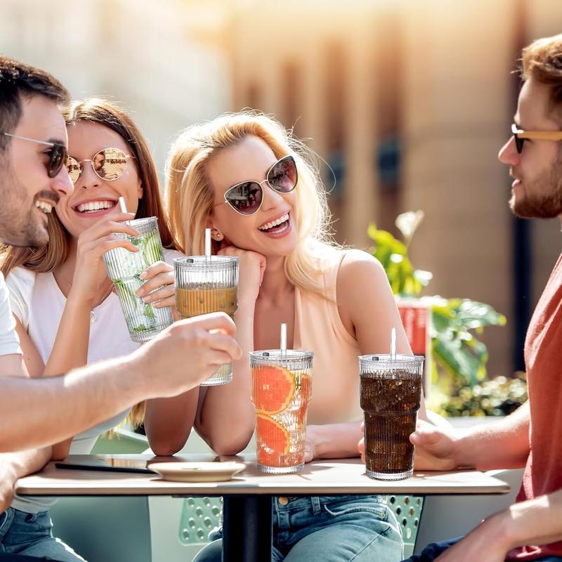 2Sets Glass Tumblers with Lids & Straws, Portable Glass Coffee Cups, Ribbed Glass Cup for Iced Coffee, Cocktail, Juice Classic Drinkware