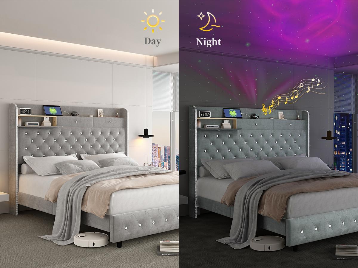 Queen Led Bed Frame with Galaxy Aurora Star Projector, Queen Platform Bed with Charging Station, 52" Upholstered Hidden Storage Headboard with Wingback, Noise Free, No Box Spring Needed, Velvet Grey