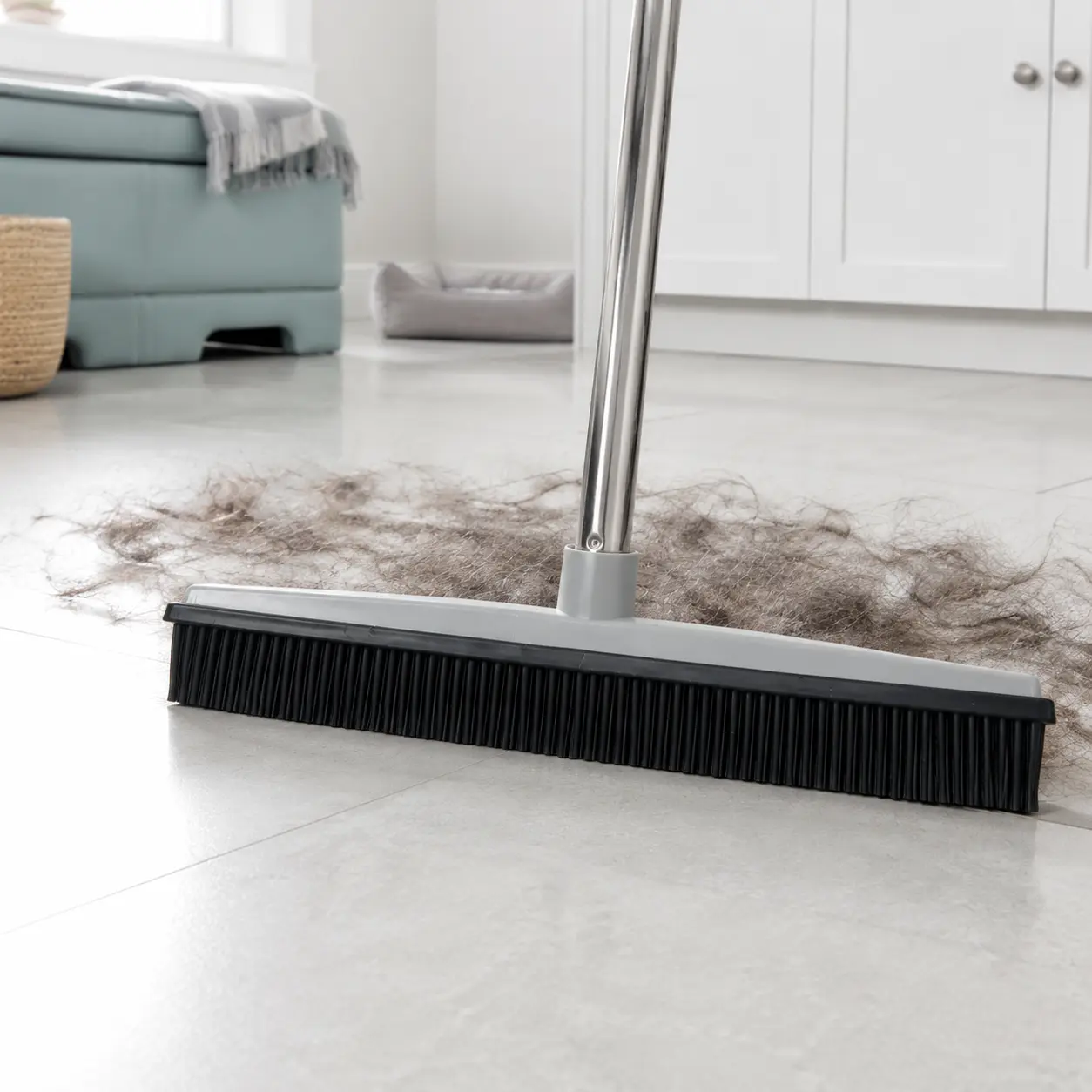 2-in-1 Smooth Grey Pet Hair Remover Rubber Broom & Squeegee, 3-Section Detachable Adjustable Stainless Steel Handle, Home Cleaning Tool for Carpet, Tile, Hard-to-Reach Narrow Corners