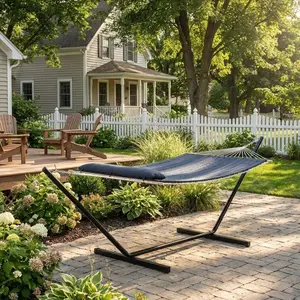 Double Hammock with Steel Stand for 2 Persons | 450 LBS Capacity, Portable Rope Hammock with Pillow & Padded Mat | Adjustable, Easy Assembly for Patio, Garden & Backyard