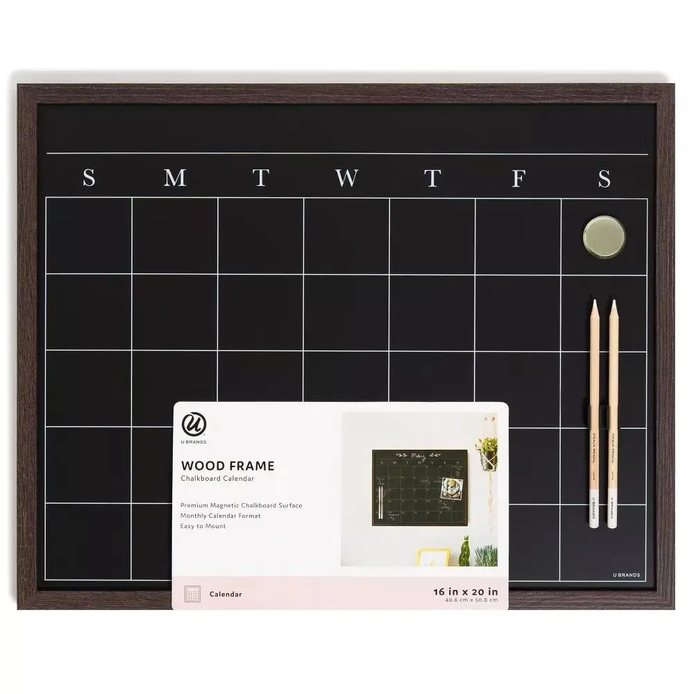 U Brands 16X20 Flat Front Wood Frame Chalkboard Calendar - Walnut Monthly Planner Wall Planners