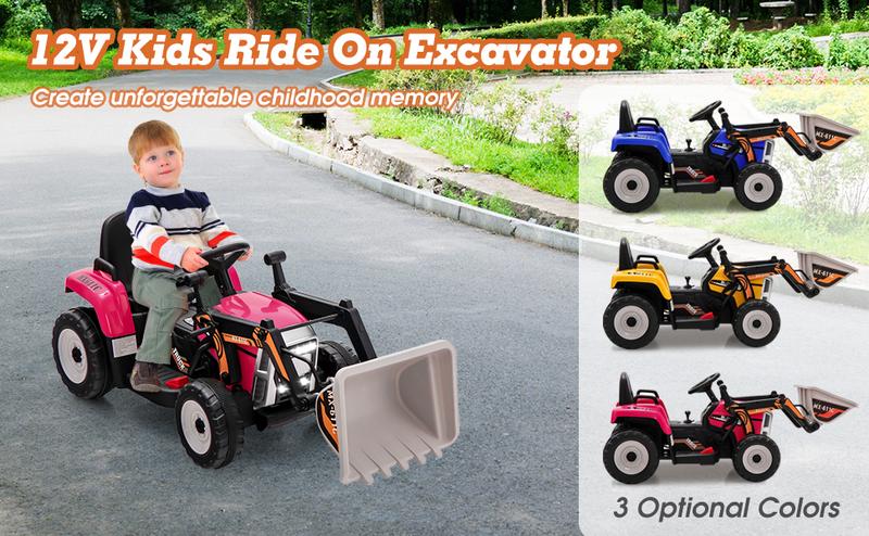 Costway Ride On Excavator/ Road Roller/Tractor, 12V Kids Ride on Car w/ Remote Control, Horn, Music/Lights/Spring Suspensions, Ride On Tractor for Boys Girls