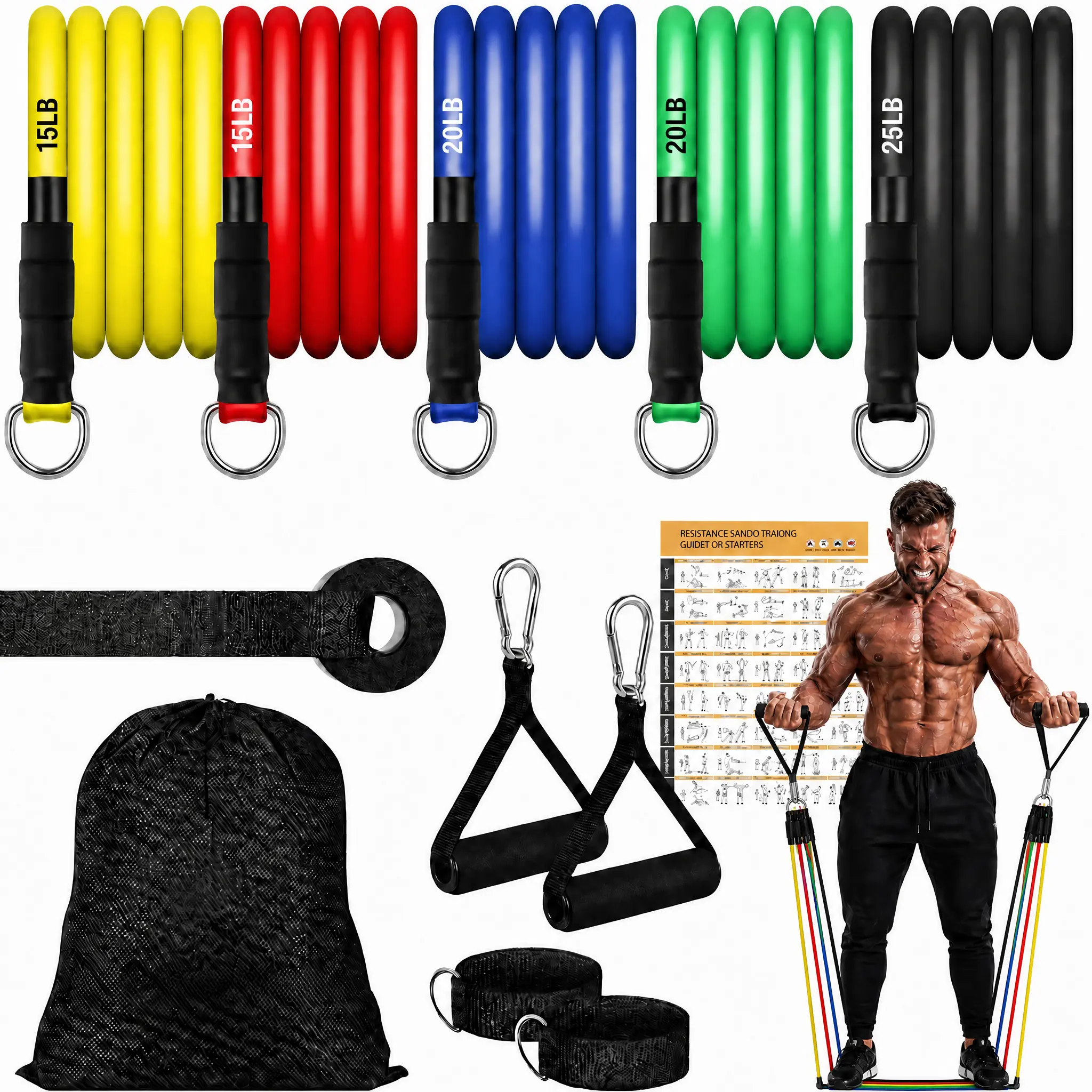 6-Piece TPE Tube Arm Resistance Bands Set with Handles, Ankle Straps & Door Anchor for Home Gym Workout, Adjustable up to 120 lbs, Exercise Equipment, Ankle Strengthening Resistance Bands, 6-Tube Resistance Bands