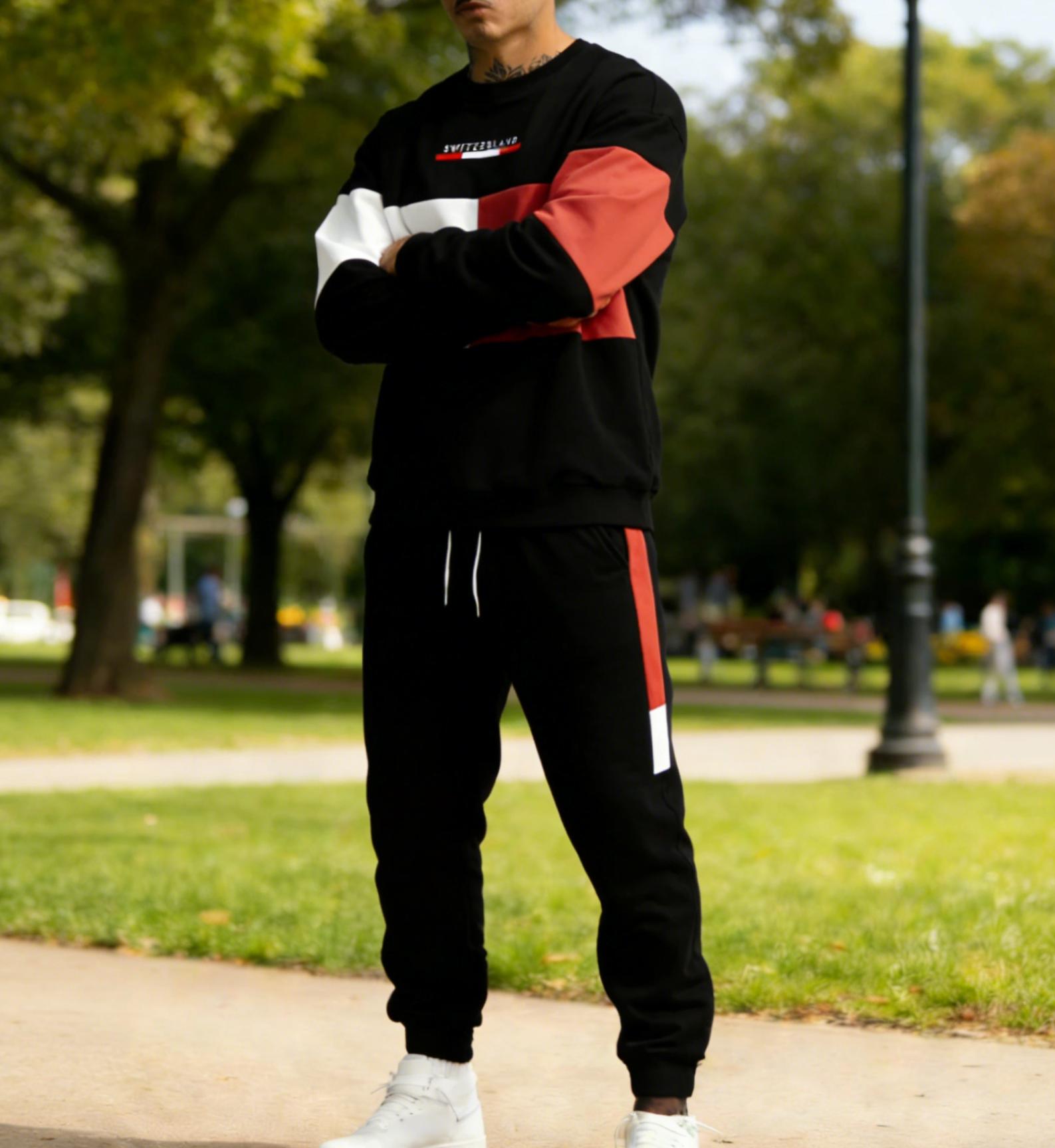 2026 New Men's Casual Fashion Sports Two-Piece Set, Color-Blocked Crewneck Sweatshirt & Side-Stripe Jogger Pants, Suitable for Everyday Wear, Street Style, Home, or Commuting