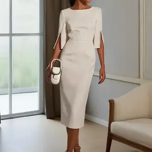 Women's Solid Color Pearl-Embellished Round Neck Dress - Elegant Back Zipper & Slit Sleeve Formal Dress