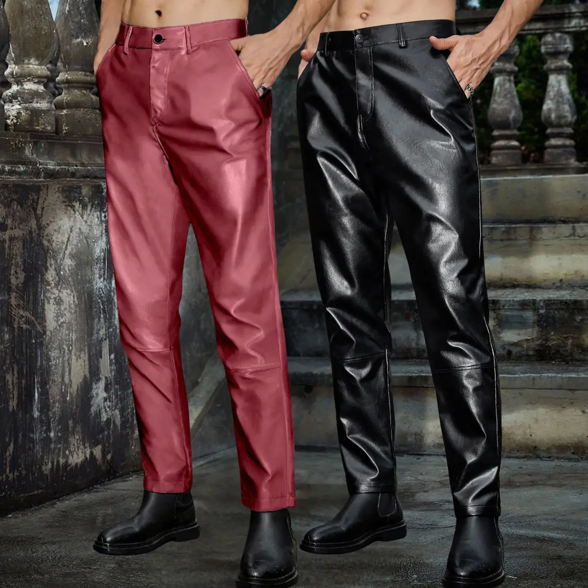 Men’s Glossy Leather Pants – Trendy Punk Style Casual Long Pants for Travel and Motorcycle Riding