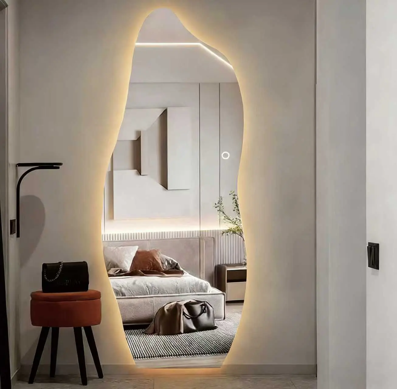65"x25" Irregular Cloud-Shaped LED Full Length Mirror with Lights - Tempered Glass Bathroom Mirror, Self-Adhesive Self-Stick Wall-Mounted, 3 Color Temperatures, Stepless Dimming, Touch Control for Bedroom, Closet, Led Mirror