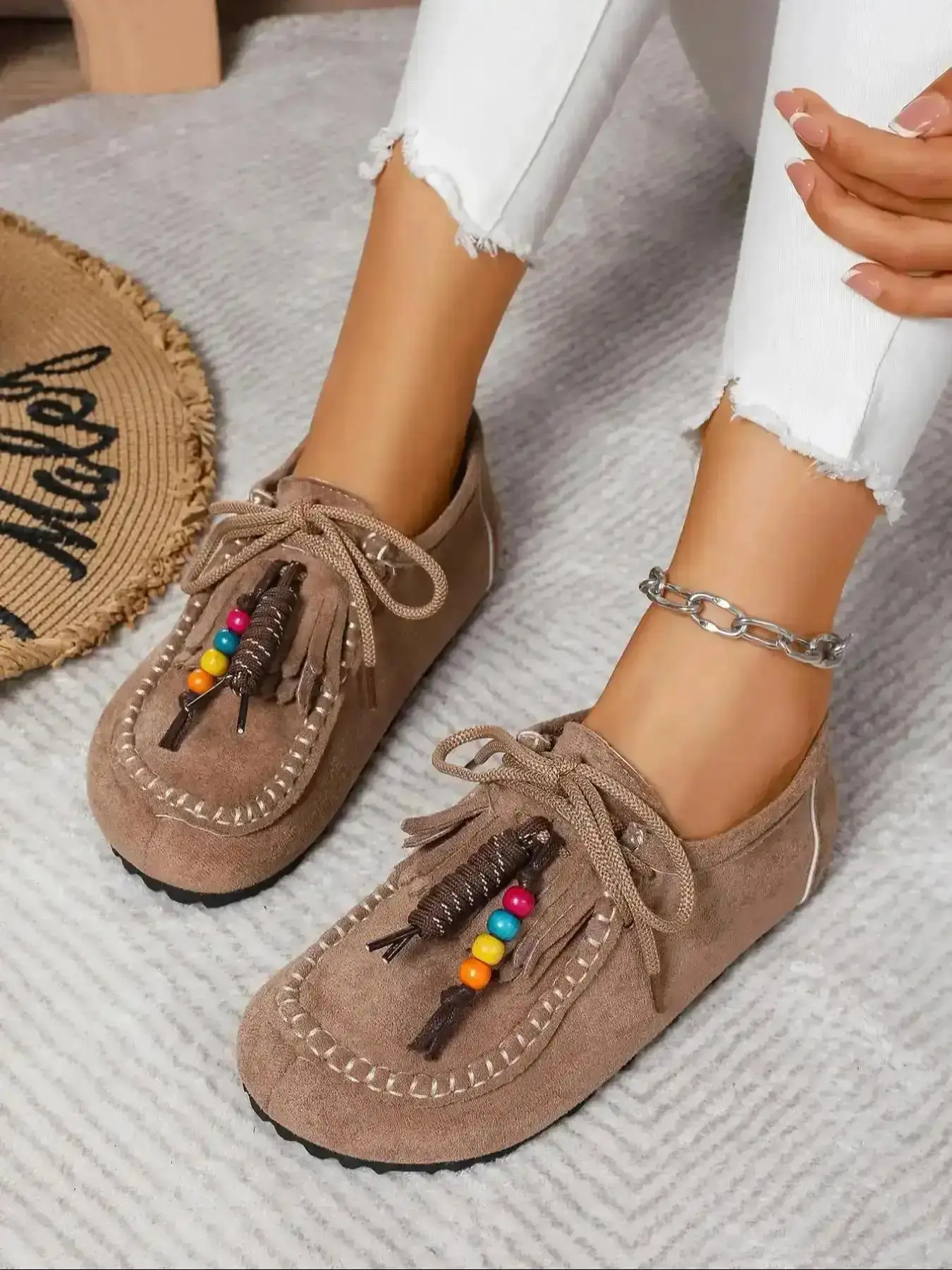 New Women's Round-Toe Outdoor Fitness Shoes with Arch Support, Casual Beaded Tassel Moccasins for Women, Vintage Comfort Walking Flats, Casual Shoes Clogs, ladies slippers, home slippers, women shoes