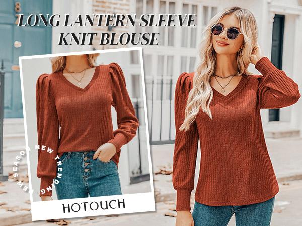 Women's Knit Shirt Soft Puff Long Sleeve Blouse Tops Lightweight V Neck Tunic XS-XXL Casual Winter Fitted Plain Black Thin