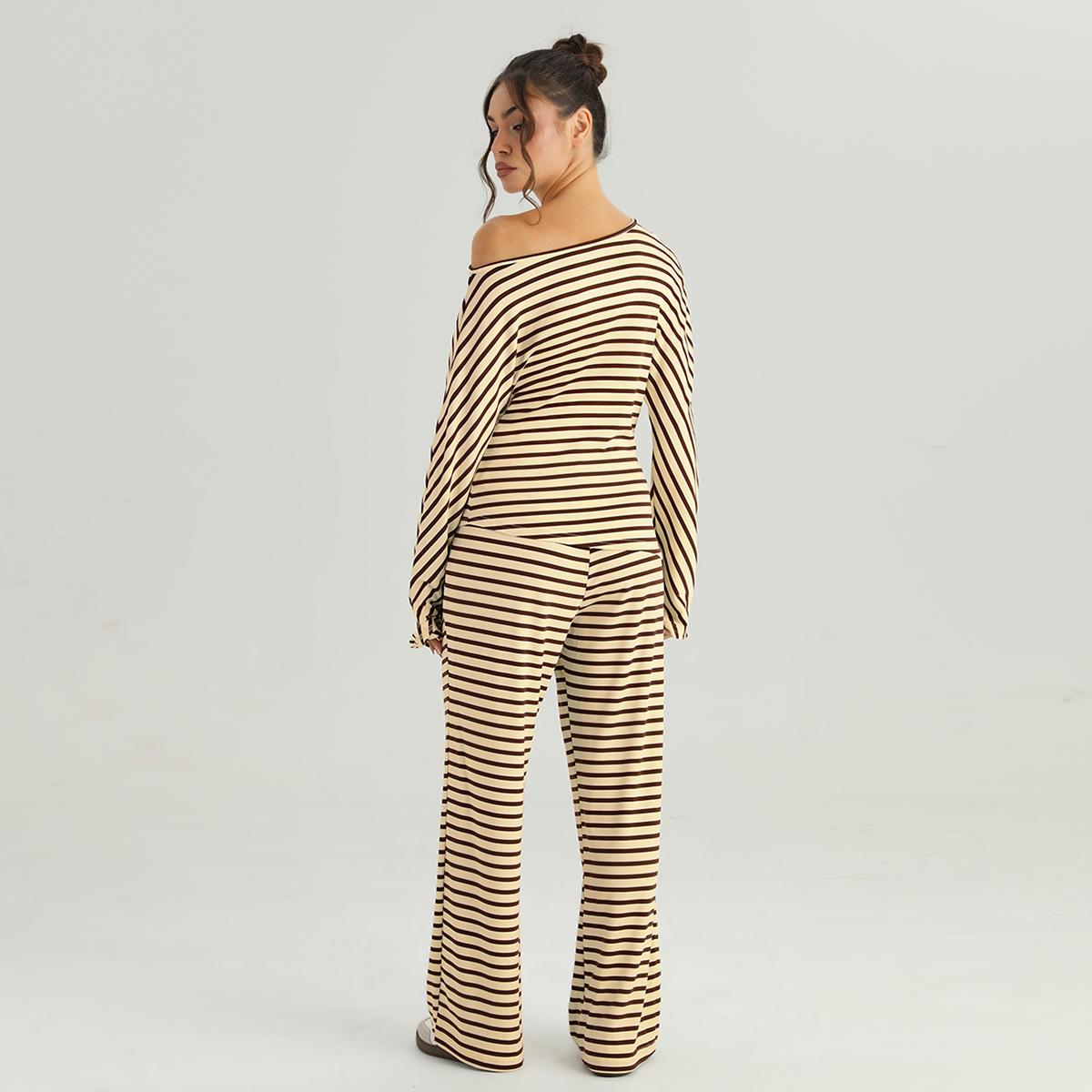 KatchMe Women's Versatile Sloping Shoulder Stripe Long Sleeve Top & Drawstring Waist Loose Trousers Co-ord, Comfort Basic Two Piece Outfits