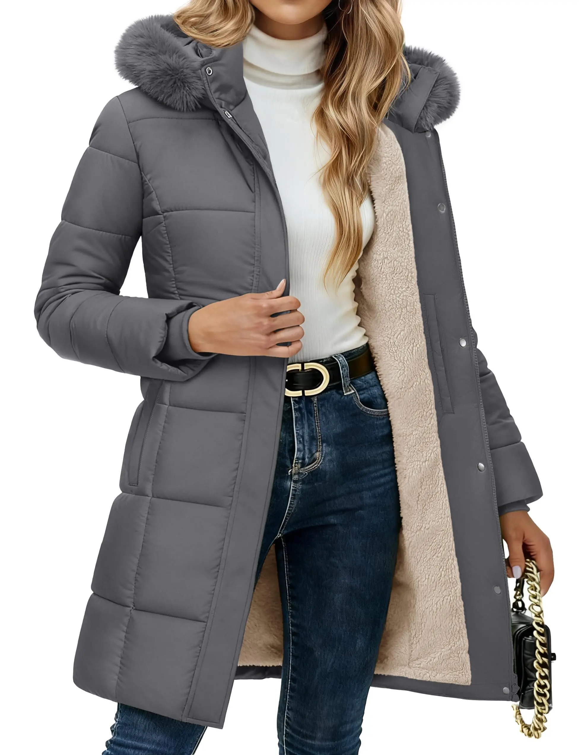 Cotrasen Women's Long Winter Down Coat Fleece Lined Puffer Jackets | Sherpa,Hood,Pockets,Zip,Warm,Thicken,Parka,Coat,Winter,Warm