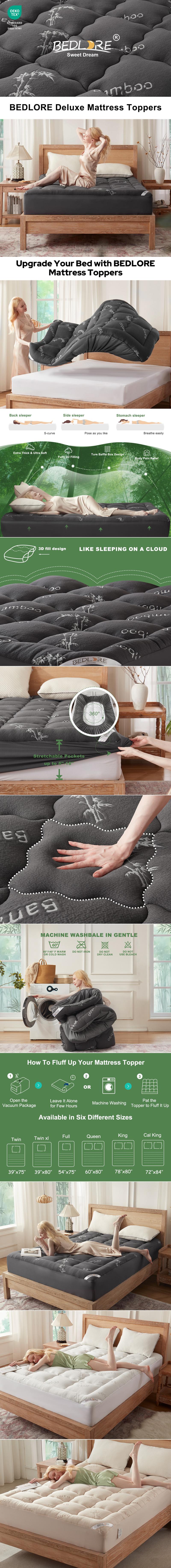【BEDLORE】Bamboo Cooling Mattress Topper with Fitted Sheet, Thick Luxury Comfort Layer, Breathable & Soft on Skin, Deep Pocket Design, Machine Washable, Ideal for Bedroom & Home Use 【BEDLORE】Bamboo Cooling Mattress Topper with Fitted Sheet, Thick Luxury Comfort Layer, Breathable & Soft on Skin, Deep Pocket Design, Machine Washable, Ideal for Bedroom & Home Use