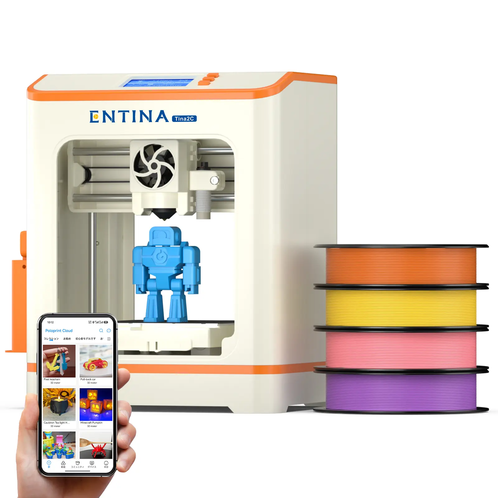 Entina Tina2C Mini 3D Printer Starter Bundle for Kids & Beginners, Fully Assembled, Auto Leveling, Easy Setup, WiFi & App Control, 1500+ Model Library, 20+ Creative DIY Modules, Includes 4-Color PLA,Gift Set,,Birthday Gift