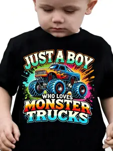 Boys' T-shirt TX31220, monster truck print, casual crew neck for truck-loving boys.