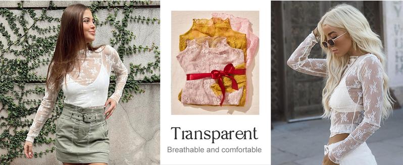 Naeduo Womens Mesh Tops Lace Long Sleeve Mock Neck Blouse Floral Sheer See Through Sexy Tops Shirt with Thumb Hole