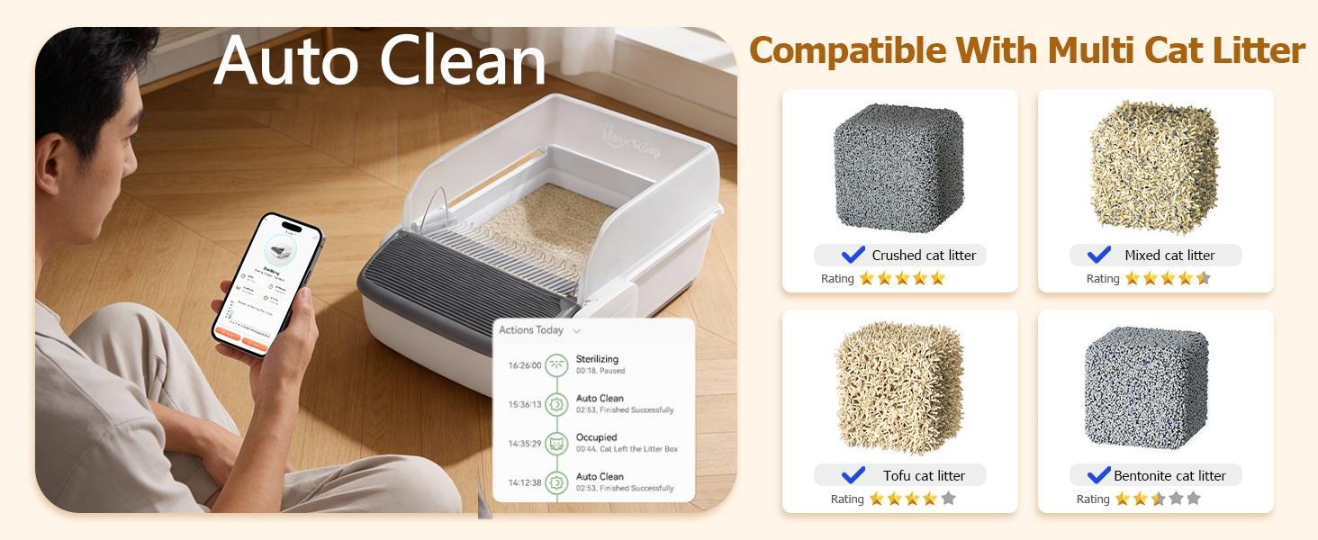 Automatic Cat Litter Box Open-Top Self-Cleaning for Multiple Cats(Buy one, get five free), Extra Large Space with App Control/Splash Guard/Safety Anti-Pinching Design/Odor Control Open-top Litter Box with Waste Bag&Deodorizing Cube