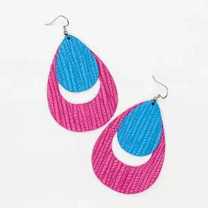 Spring Layered Hoop Earrings - Teal Blue on Fuchsia Bamboo