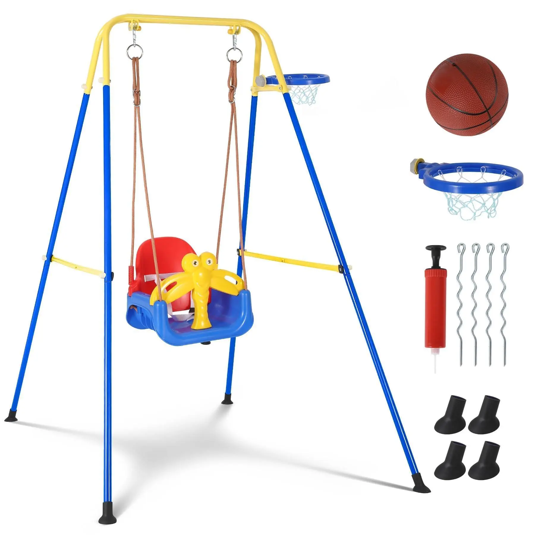 Toddler Swing with Stand, 4-in-1 Foldable Baby Swing Outdoor/Indoor with Basketball Hoop, Detachable Kids Swing Set with Safety Belt, Stable Frame for Backyard, Home