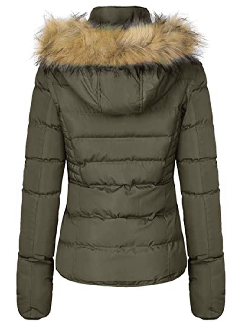 Women's Winter Quilted Puffer Coat Fleece Lined Warm Jacket with Removable Faux Fur Hood and Zipper Womenswear Comfortable