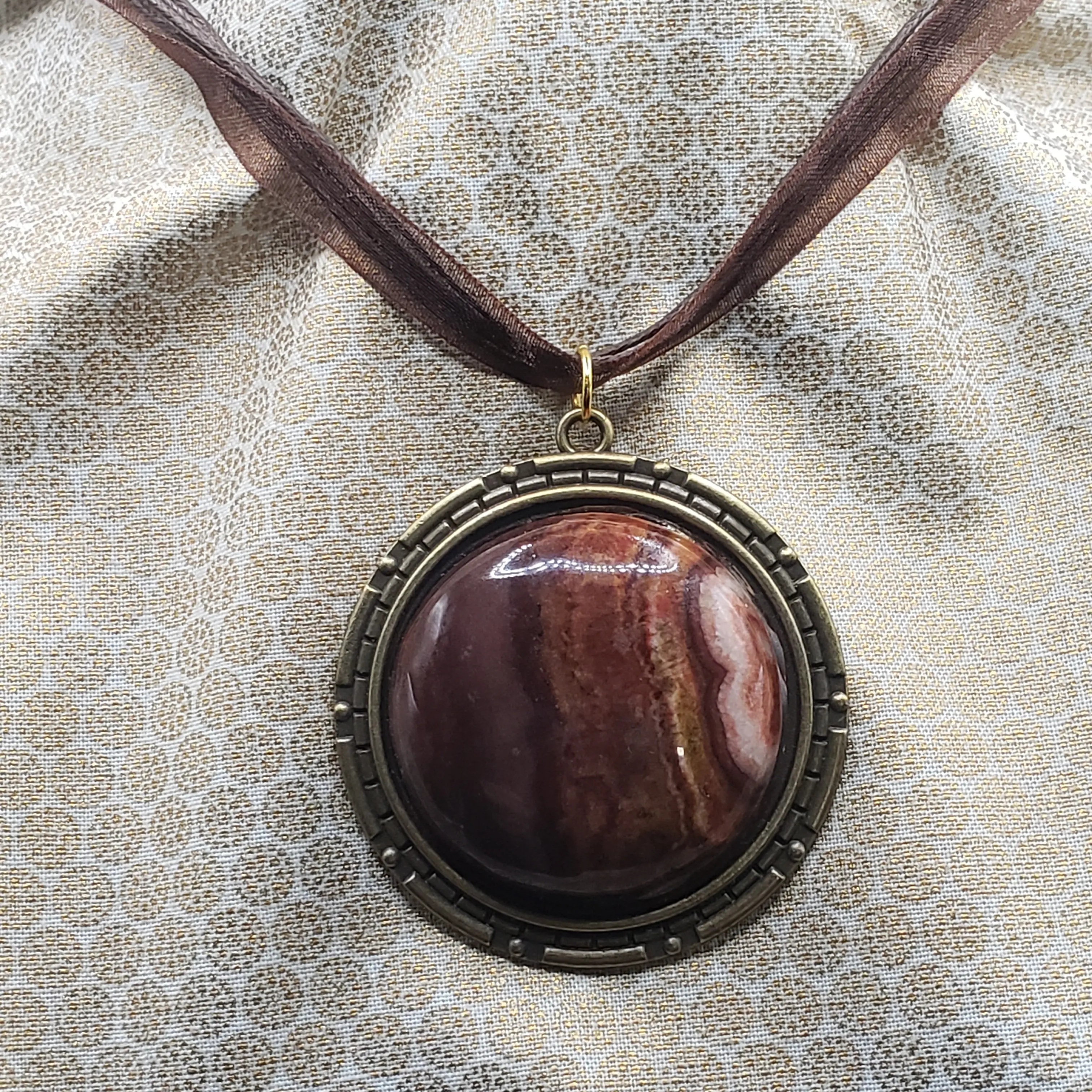 Brown Banded Jasper Agate 1.5" Round Stone Pendant Necklace Jewelry 16" brown ribbon & cord (CJ00024)