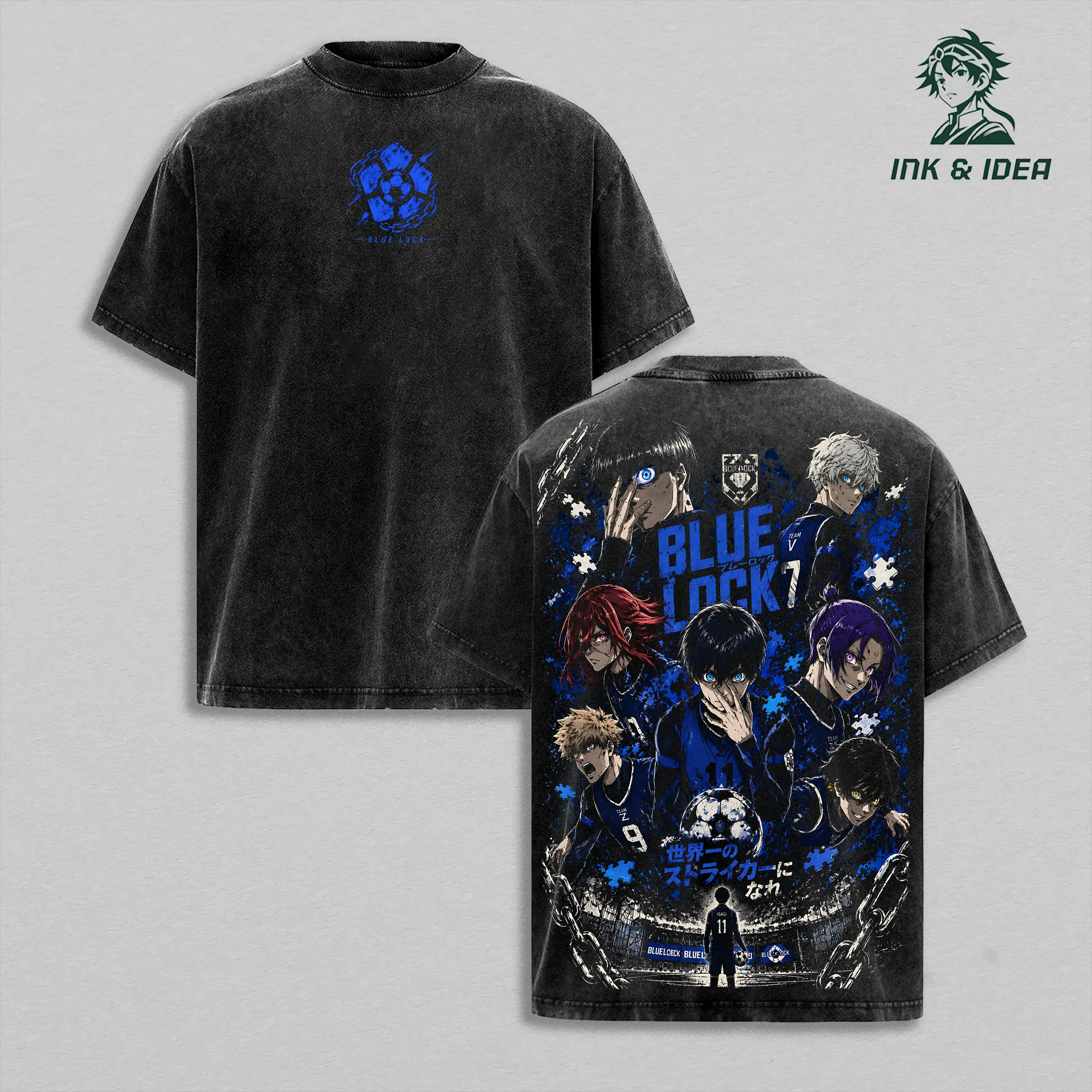 Blue Lock Team Vintage Washed Heavyweight Cotton T-Shirt, Isagi Yoichi Rin Bachira Nagi Chigiri Anime Soccer Graphic Tee, Double Sided Oversized Manga Streetwear, Unisex Football Fan Gift