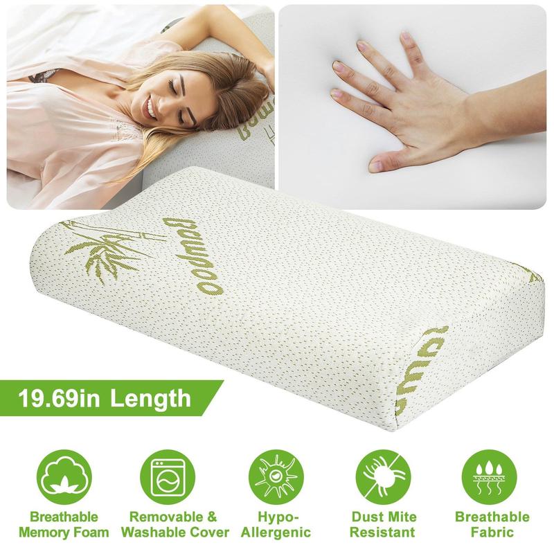Bamboo Memory Foam Sleep Pillow - Contoured Cervical Orthopedic Pillow with Neck Support & Breathable Cover, Ergonomic Design for Side, Back, Stomach Sleepers & Pain Relief
