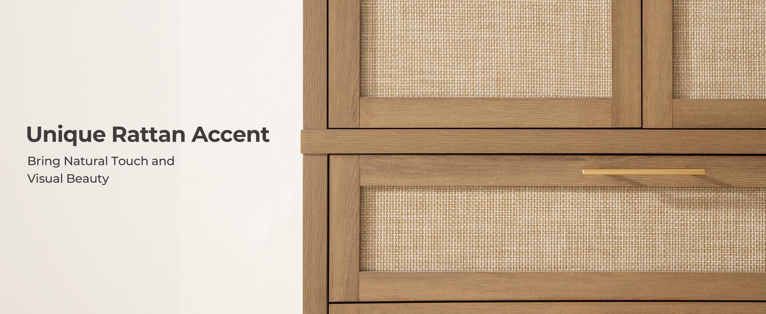 SICOTAS Rattan Armoire Wardrobe Closet Cabinet, 71" Tall Wardrobe Storage Cabinet with Doors, Larger Drawers and Hanging Rod, Boho Armoire Clothes Organizer for Bedroom, Laundry Room, Cloak Room, Oak