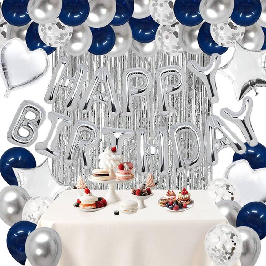 Elegant Birthday Balloon Decoration Set Stylish Blue Silver & Rose Gold Foil Curtain Heart Shaped & Confetti Balloons for Boyfriend’s Surprise Summer Parties & Baby Showers