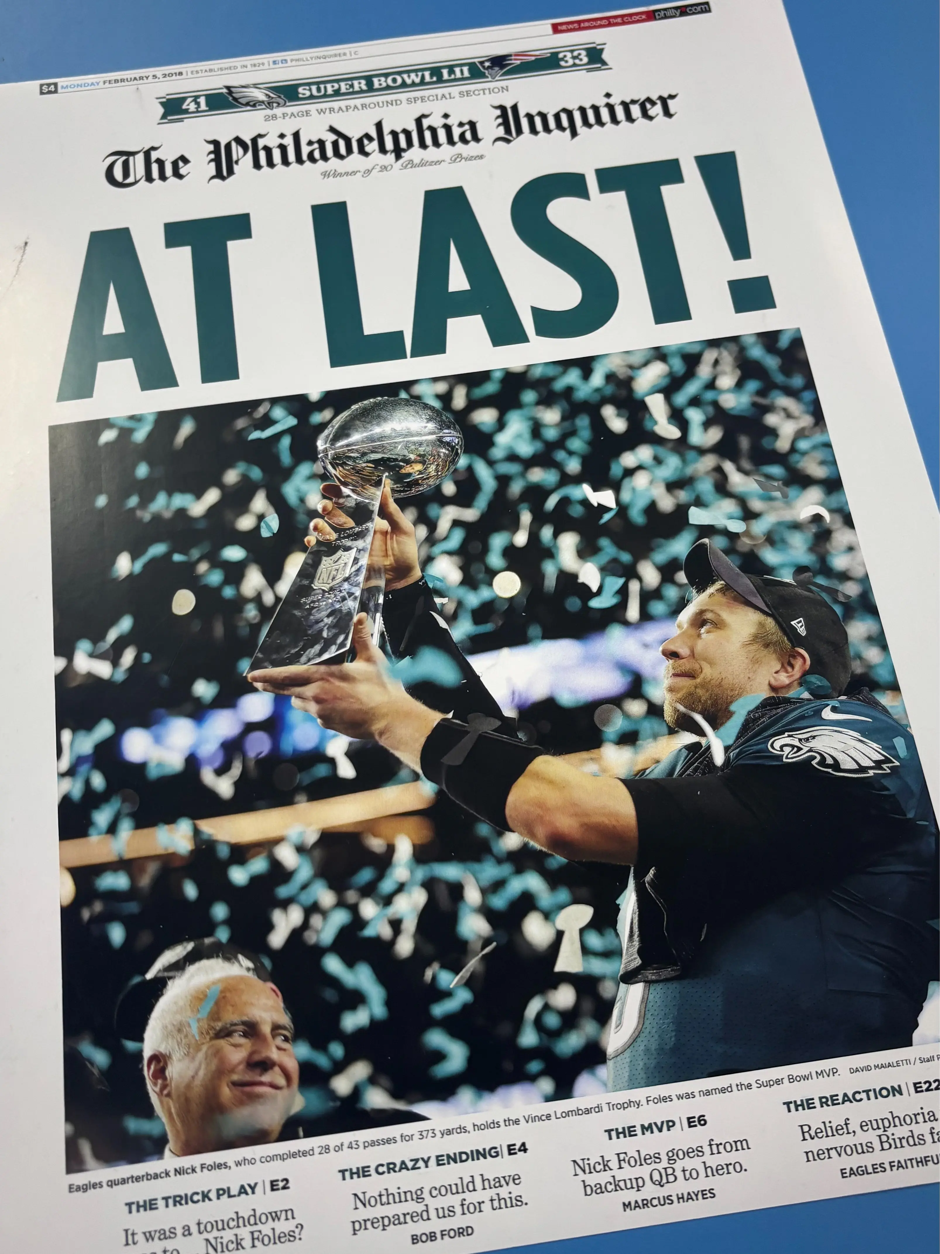2018 P.h1l.a.d.e.l.ph.i.a E.a.g.l.3.s S.u.p.er Bowl LII Champions Framed Front Page Newspaper Print