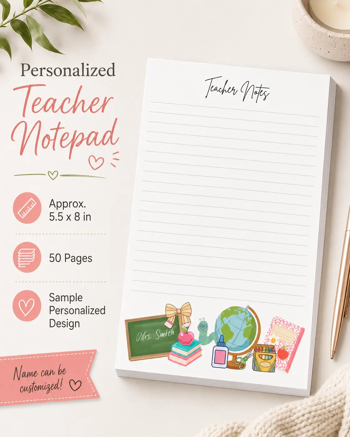 Back to School Gift | Teacher Gift | Personalized Teacher Notepad | Custom Name | 50-Page Teacher Notes Pad