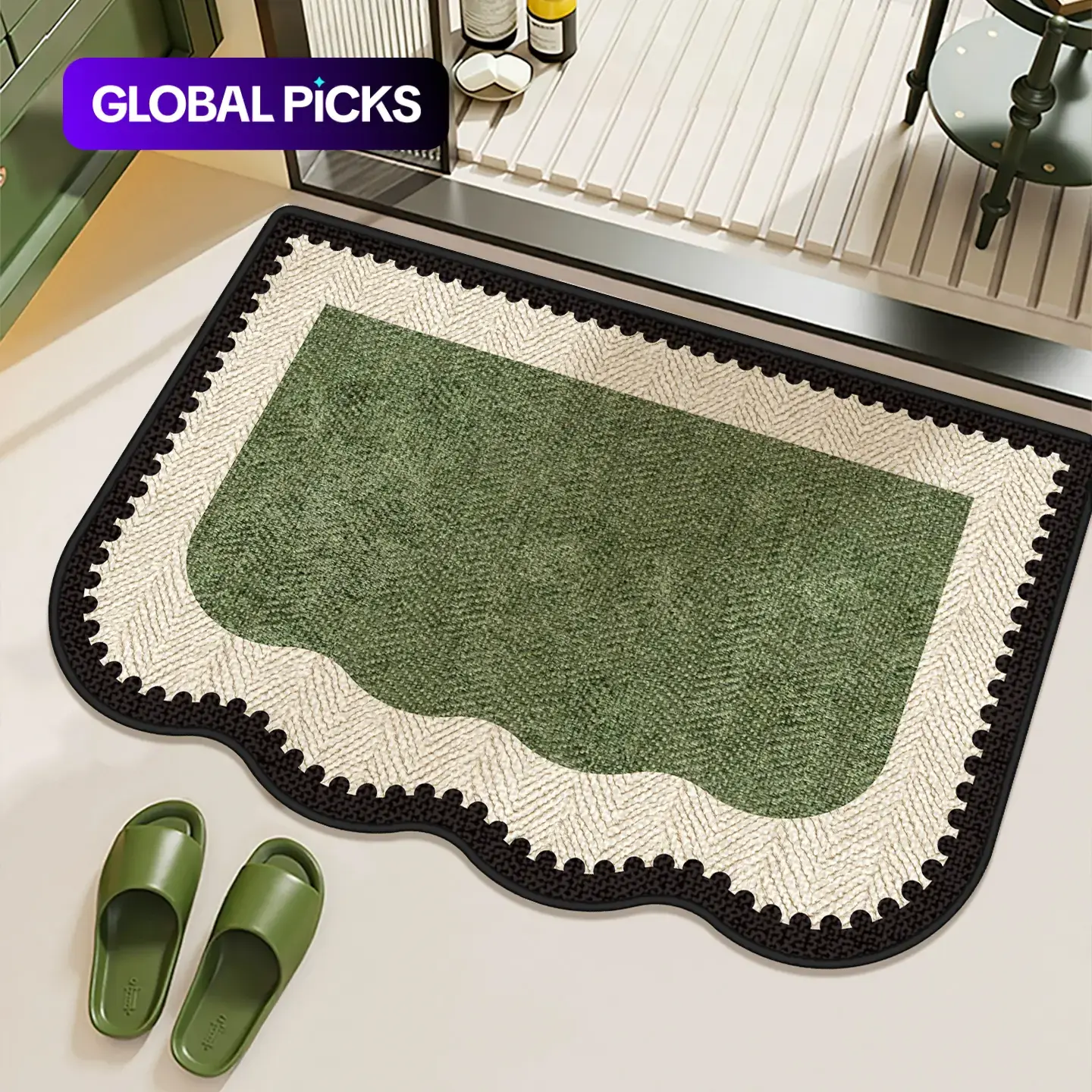 Green Scalloped Bath Mat, Vintage Cottage Bathroom Rug, Absorbent Quick-Dry Floor Mat with Non-Slip Backing, Water Absorbent Mat for Bathroom, Kitchen, Sink Area & Entryway, Nonslip Bathroom Rugs #GLOBAL PICKS