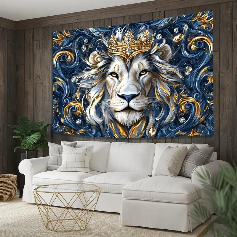 1pc 3D Effect Regal Lion Wall Mural with Golden Crown & Navy Swirls - Aesthetic Animal Design Room Art for Living Room Decorating, Home Decor Tapestry Poster Ornament Gift