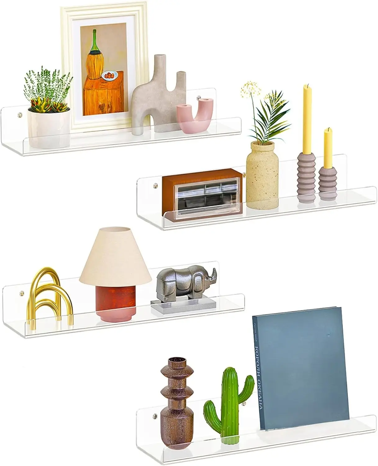4 Pack Floating Shelves for Wall, 15" Clear Book Shelf, Acrylic Floating Wall Shelf, Display Shelves Organizer for Bathroom, Classroom, Bedroom, Living Room, Kitchen, Room Decor