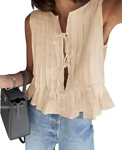 Cicy Bell  Womens Bow Front Tie Tank Tops Pleated Babydoll Top Sleeveless Cute Coquette Shirt Summer Outfits