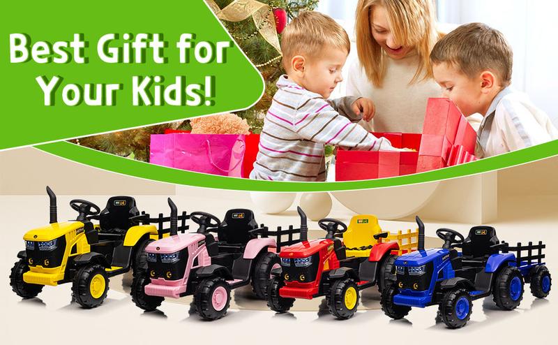 【GARVEE】12V Remote Control Tractor for Kids with 7 LED Lights, Safety Belt, Dual 35W Motors, Trailer, Horn, Music, USB Connectivity, Available in Blue, Green, Red, and Pink