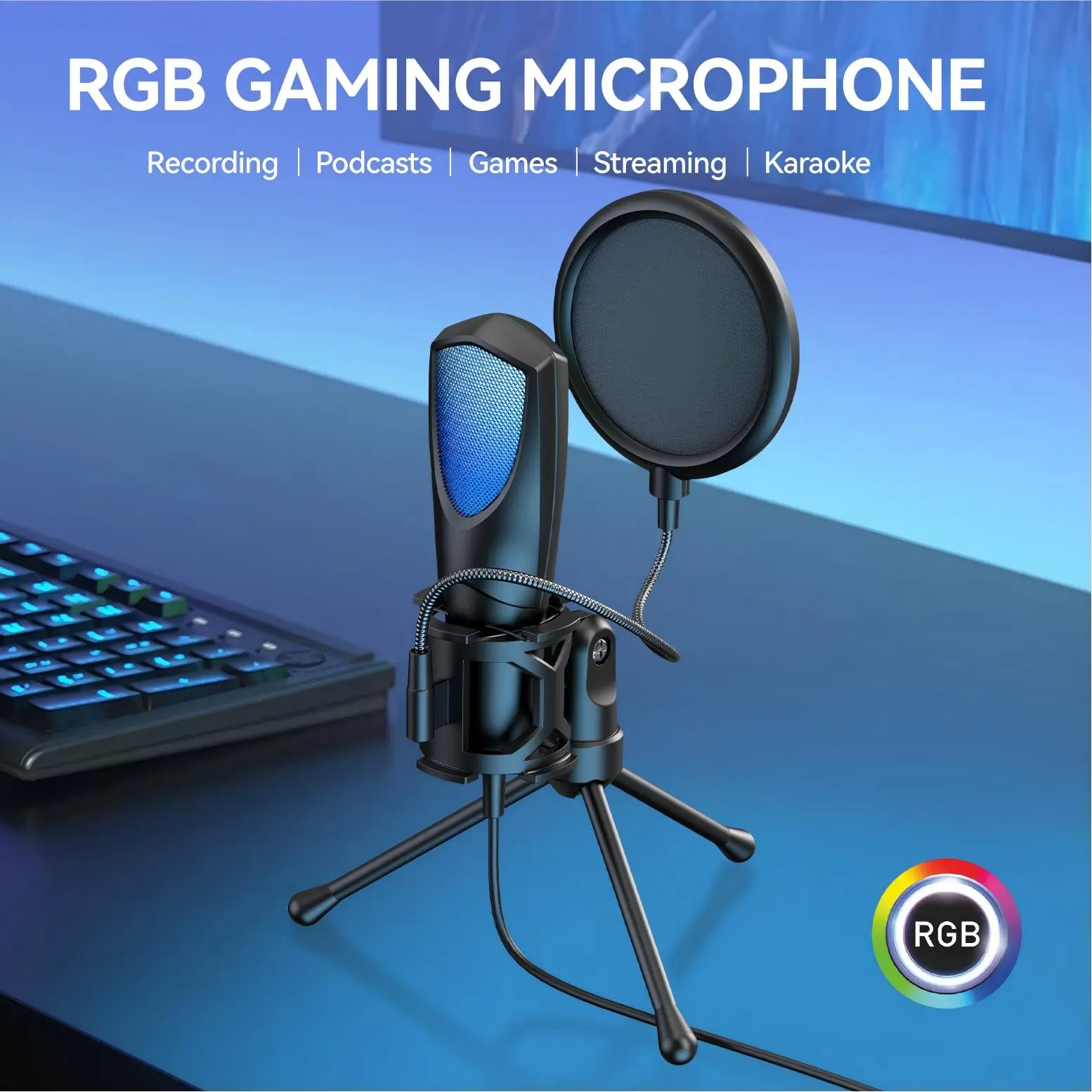 USB Streaming Gaming Microphone for PC, RGB Lighting, Mic with Holder Adapter Live Podcast Equipment for Live Streaming/Gaming/Podcast/Recording/Vocal/Game Voice/YouTube