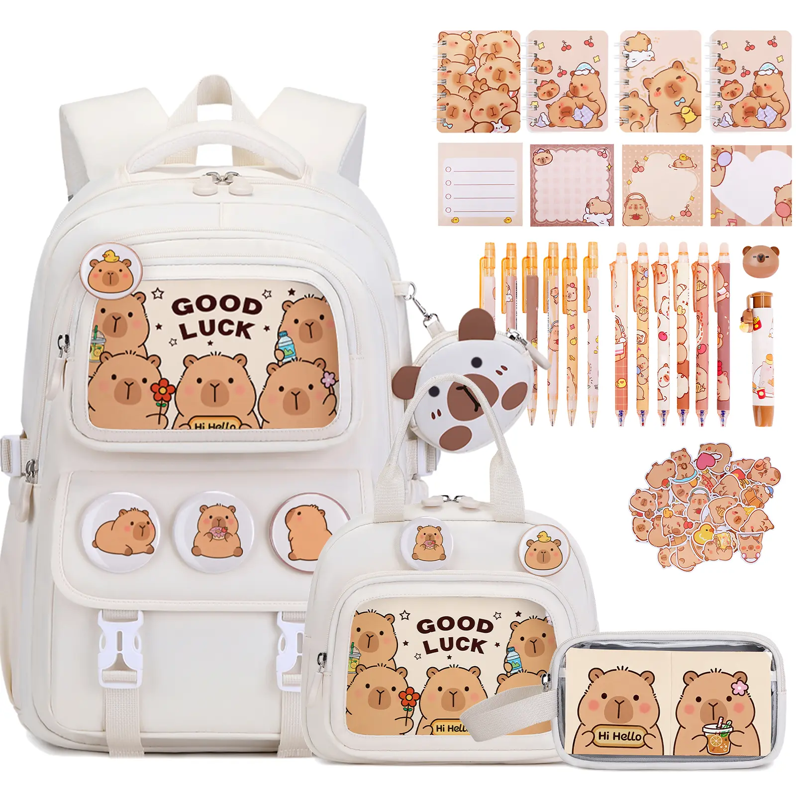 SIMILOVE Kids Backpack Set - Clear Display Pockets, Removable Capybara Insert Cards & Pins, First Day Back to School Haul Essential with School Supplies Compatibility for Headphones & Kids’ Lunch Box
