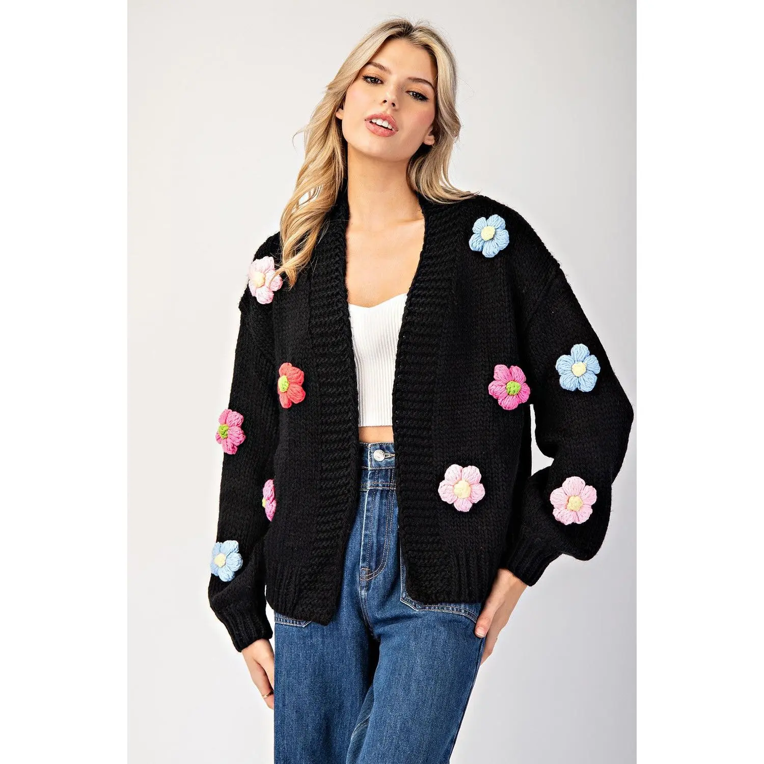 ee:some 3D Puff Flower Detailing Bubble Sleeve Cardigan