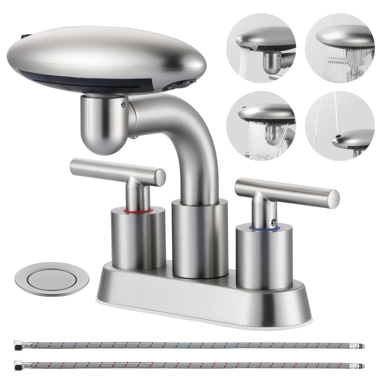 WOWOW Modern 4-in Centerset Stainless Steel Waterfall Bathroom Faucet, Brushed Nickel 2-Handle Anti-Splash Tap with Rotational 360° Full-Sink Coverage Spout, Popup Drain, Aerator, 24-in Supply Lines for 4-in Vanity (Water/Flow Modes Compatible)