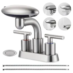 WOWOW 4 Inch Centerset Bathroom Faucet Brushed Nickel, Two Handle Brushed Nickel Faucet for Bathroom Sink with Pop Up Dain, 24" Supply Line, and 360° Rotating Spout of 4" Vanity