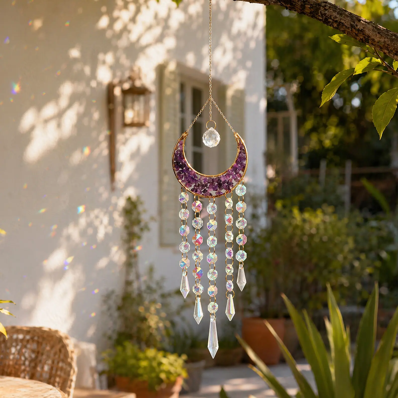 Handmade Amethyst Crescent Moon Crystal Suncatcher - Boho Moon Rainbow Maker Prism Window Hanging Ornament, Amethyst & Crystals Wall Decor, Natural Crushed Stone Wind Chime for Home, Birthday Gift Ideas