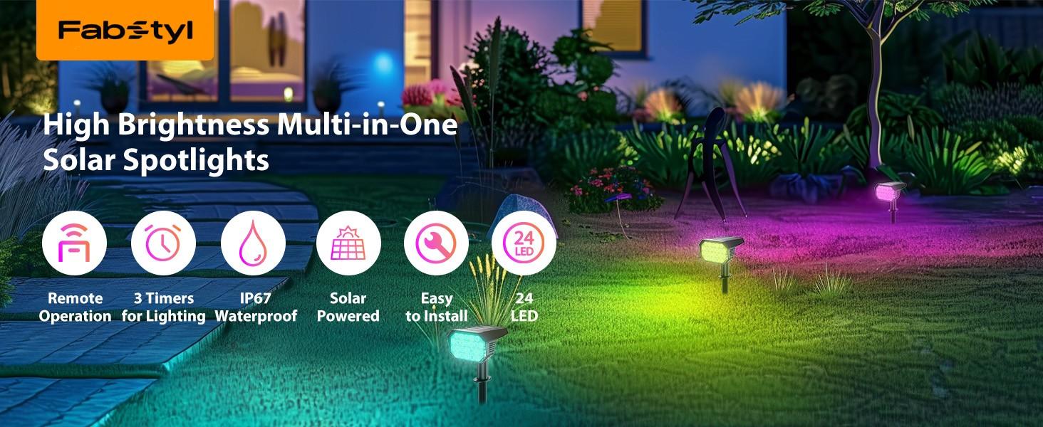 FABSTYL RGB Solar Spot Pathway LED Lights with Remote Control 12 Color Modes Waterproof IP67 for Yard Pool Garden Tree Halloween Christmas Decorations