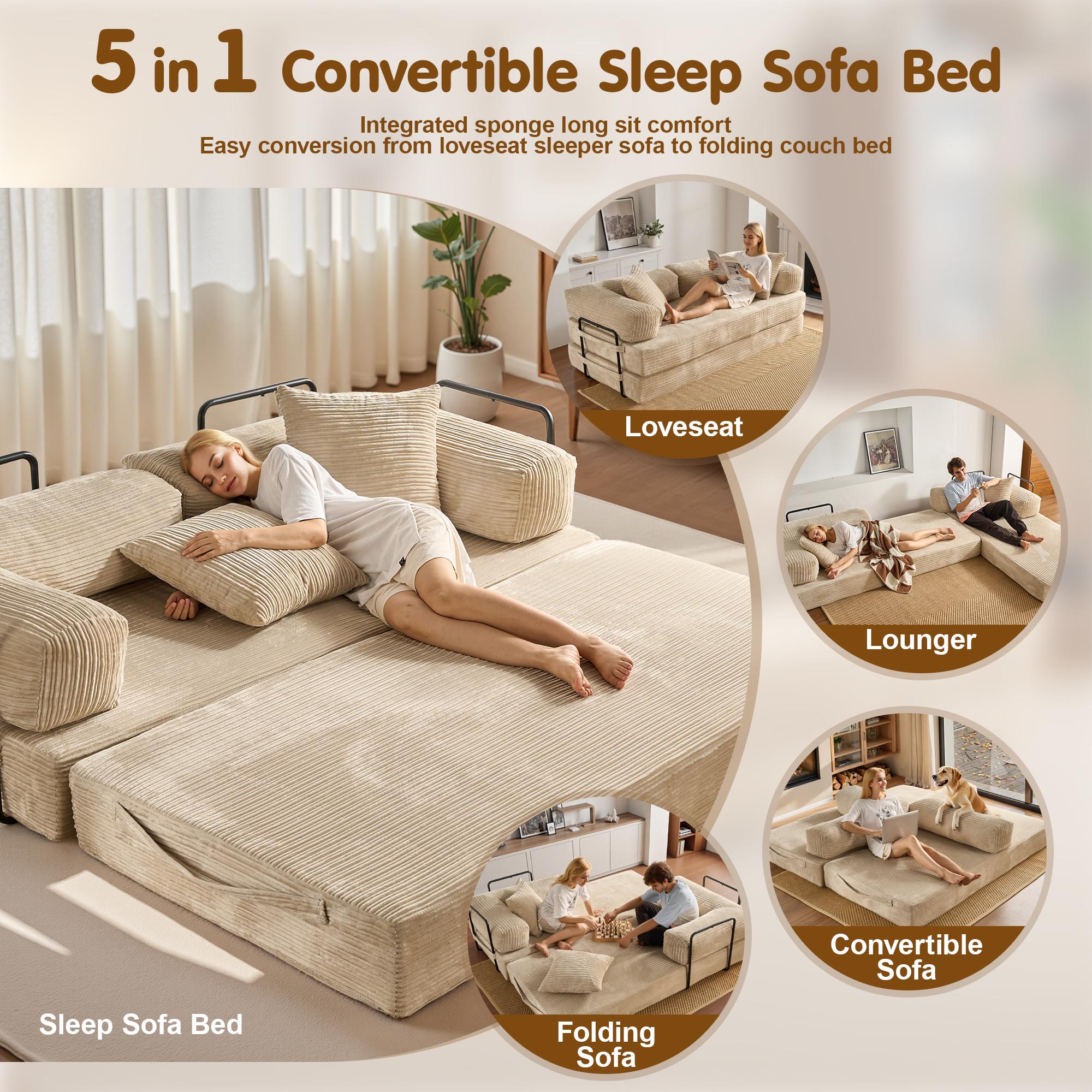 [March Limited-Time Sale]OOSWIFT 5-in-1 Folding 81" Cloud Floor Sofa Bed High-Quality Convertible Comfy Corduroy Fabric, Premium Sponge Padding, Multi-Functional Floor Sofa & Mattress for Living Room Upholstered Soft Couch,Christmas gift