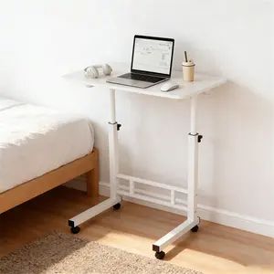 Adjustable Height Mobile Computer Desk with Wheels, Rolling Laptop Desk for Small Space, Portable Writing Study Table for Home Office Gaming, White Workstation with Storage Shelf