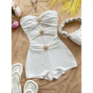 Women's Vacation White Knit Textured Metallic Accent Slim Jumpsuit Strapless Sleeveless Above the Knee Casual Summer Fabric Fit Sleeveless Women'swear