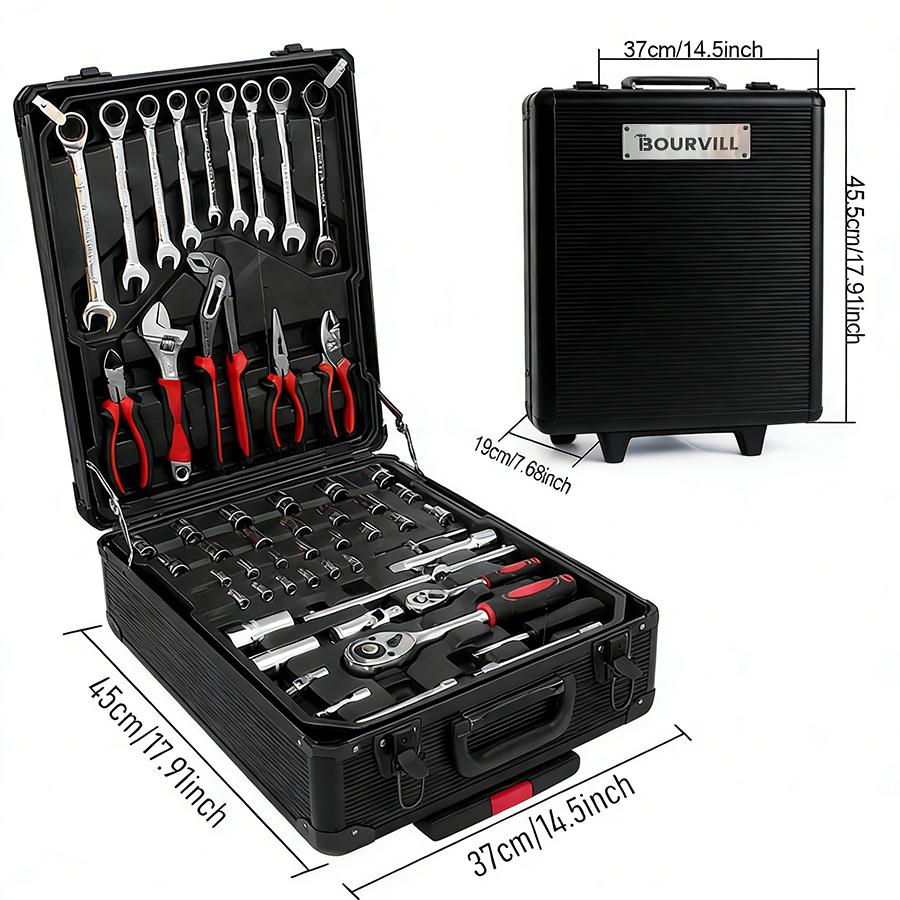 Bourvill 899PCS Tool Set,Large Capacity Metal Hand Toolbox,Rolling Toolbox,Aluminum 4-Drawer Mobile Tool Box,Mechanic & Household Repair Tool Set,Father's Day Gift for Dad
