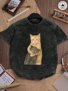 Gildan Unisex Vintage Acid Wash T-Shirt - Cute Funny Cat Graphic Oversized Baggy Cotton Tee Streetwear 100% Ring-Spun Cotton Ultra Soft Garment-Dyed